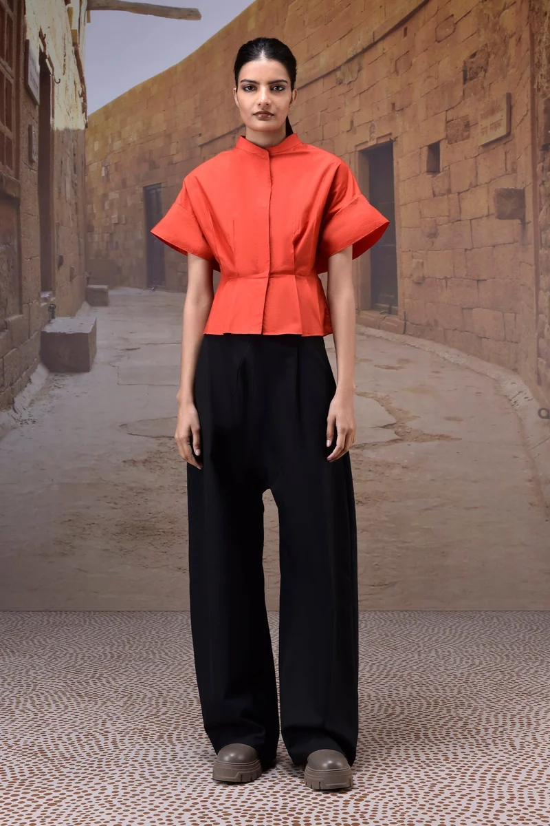 Genes Lecoanet Hemant  Coquelicot Red Giza Cotton Top with Structured Sleeves for Women | Best Price UAE